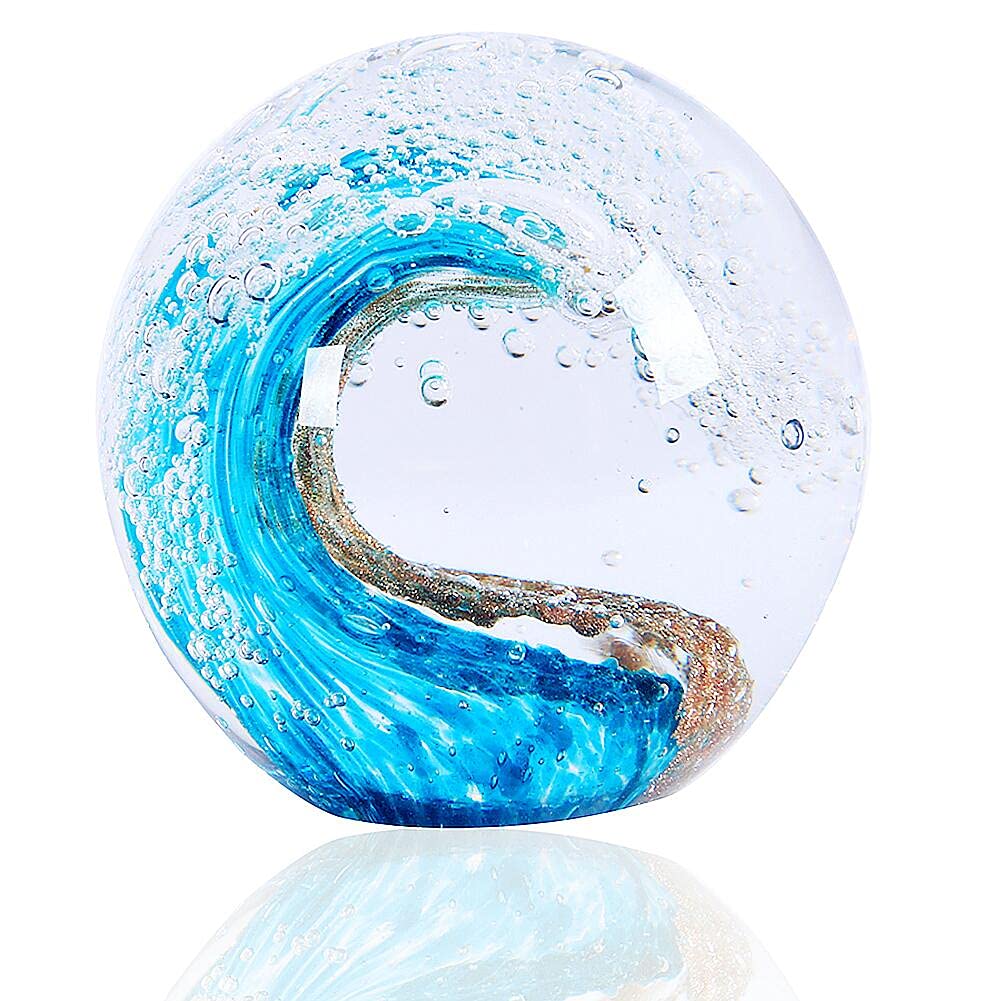 EUSTUMA Handgeblasene Glasfiguren, Kugel, Ozeanwellen, Büro-Briefbeschwerer, Glas für Schreibtisch,