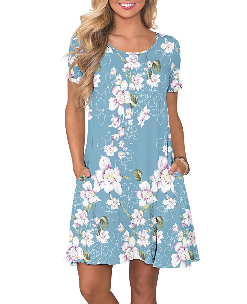 AUSELILY Damen Kleider Sommer Kurzarm Shirtkleider Kurz Sommerkleider Leicht Freizeitkleid mit Tasch