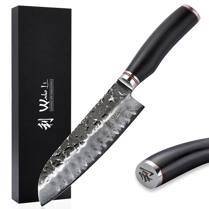 Wakoli EBO Santoku Messer aus echtem Damaststahl (VG10 Kern) 17,5 cm Klinge – Scharfes Damast Küchen