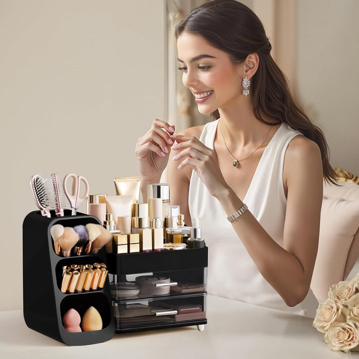 HBlife Makeup Kosmetik Organizer mit Schubladen, Pinsel Organizer, 3-in-1 Plastic Kosmetik Aufbewahr