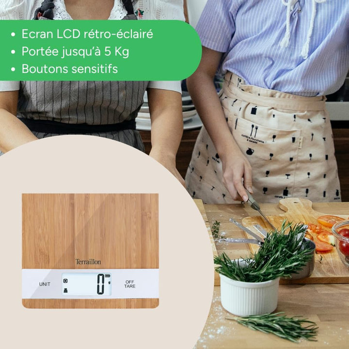 TERRAILLON Bamboo Küchenwaage, USB, wiederaufladbar über USB, automatische Abschaltung – Tara-Funkti