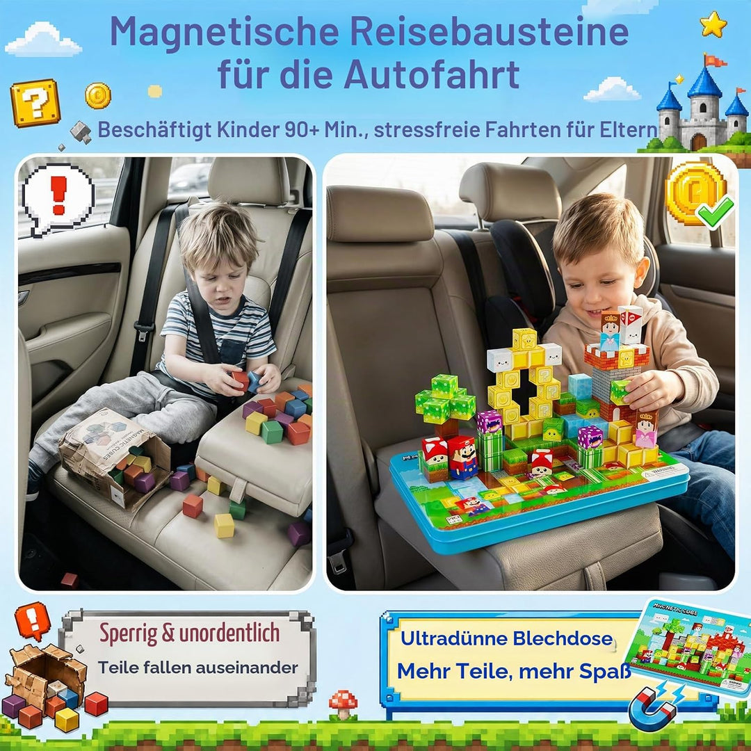 Magnetbausteine für Kinder Reise: 100 Teile Magnetwürfel mit Tragbare Metalldose, Adventurer Rollens