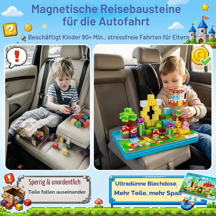 Magnetbausteine für Kinder Reise: 100 Teile Magnetwürfel mit Tragbare Metalldose, Adventurer Rollens
