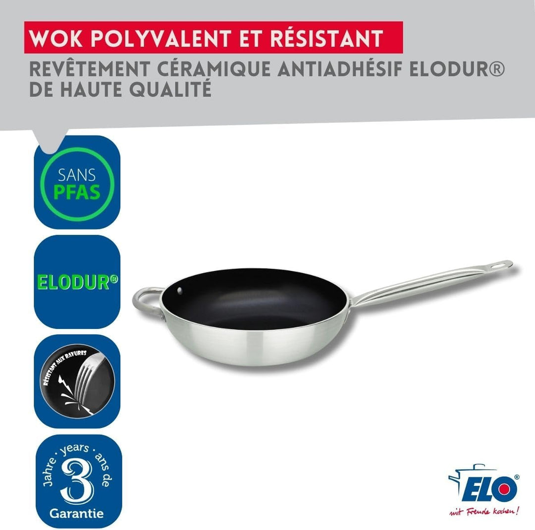 Elo 5166826 Wokpfanne 28 cm, Edelstahlpfanne, Aluminium-Pfanne, Antihaftpfanne, 28 cm, Küchenpfanne,