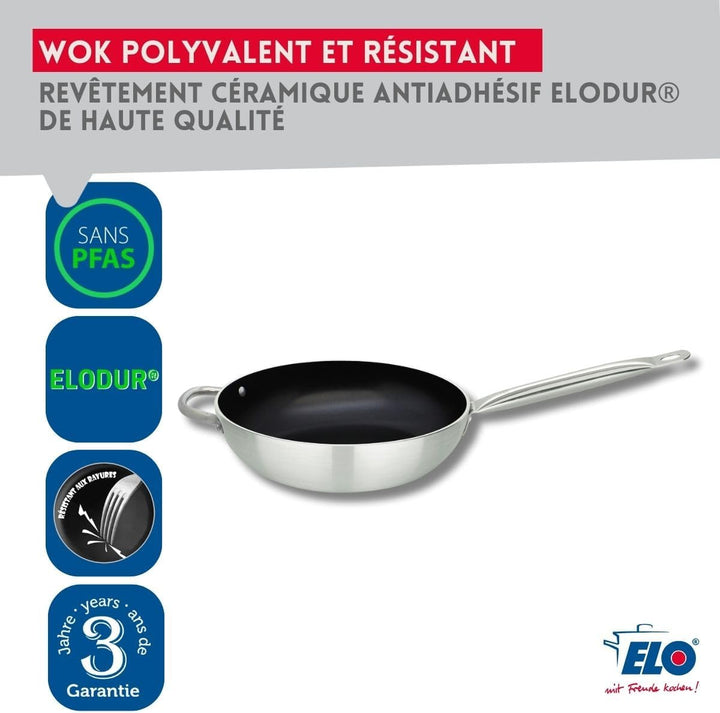 Elo 5166826 Wokpfanne 28 cm, Edelstahlpfanne, Aluminium-Pfanne, Antihaftpfanne, 28 cm, Küchenpfanne,