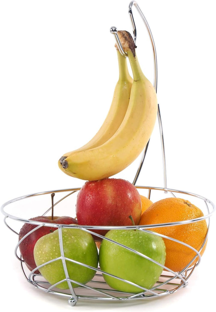 DESIGN DELIGHTS PRAKTISCHER METALL OBSTKORB FRESH | Ø 25 cm, verchromt, mit Bananenaufhänger | Früch