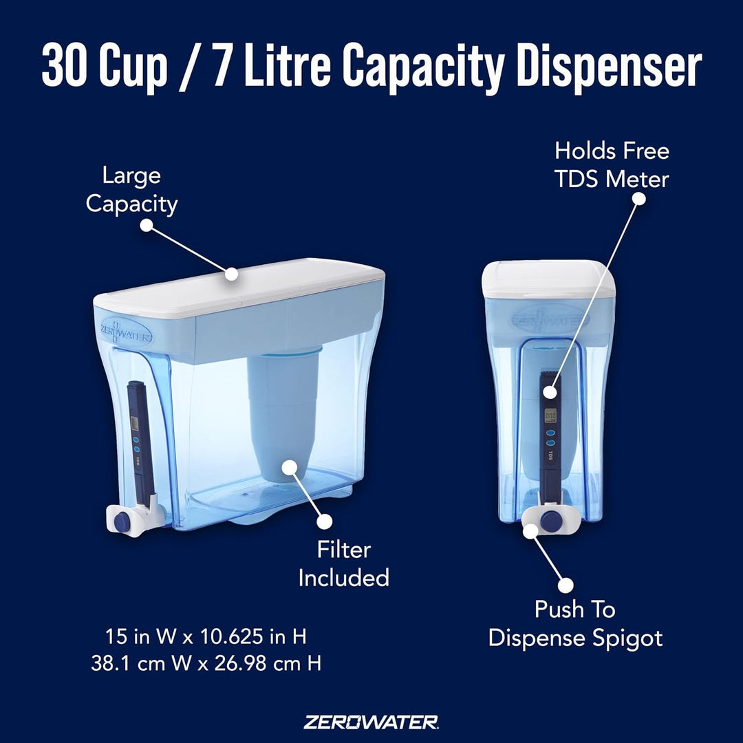 ZeroWater Wasserspender für 30 Tassen mit fortschrittlichem 5-Stufen-Filter + Wasserqualitätsmesser,