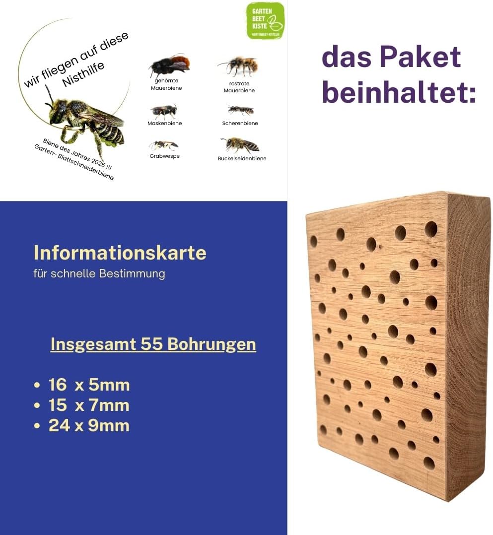 Insektenhotel Nisthilfe für Wildbienen – Massivholz Eiche – Perfekte Bohrungen – Handlich zum Aufhän