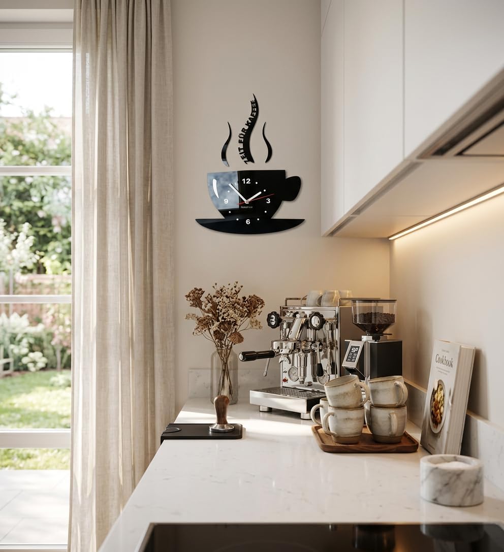 FLEXISTYLE Tasse Zeit für Kaffee Moderne Küche Wanduhr, 3D römisch, wanduhr deko (schwarz), Schwarz