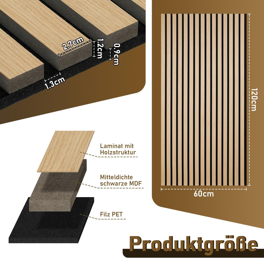 4x Akustikpaneele Holz 120x60 cm, Schallabsorbierende Wandverkleidung mit Holzfurnier & Filz – Moder