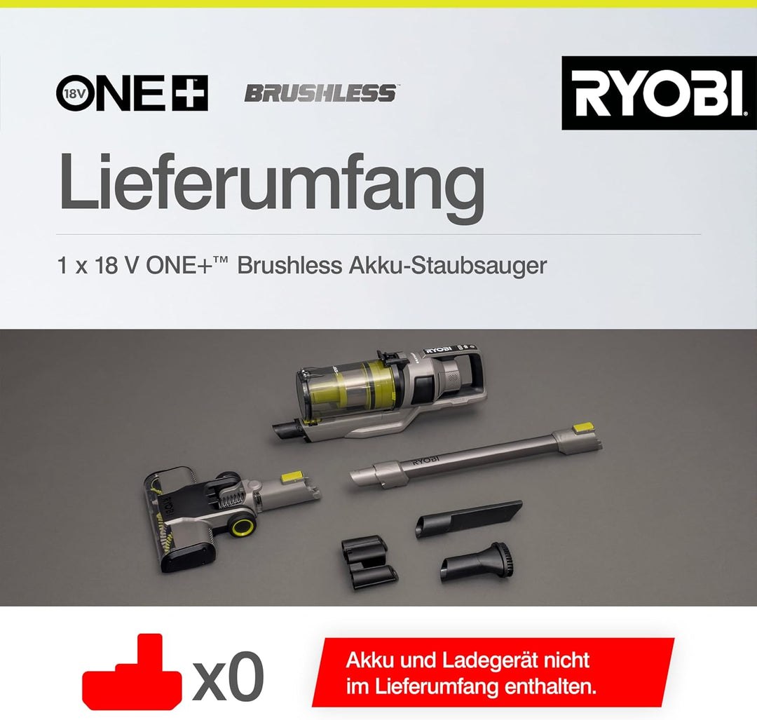 RYOBI 18 V ONE+ Brushless Akku-Staubsauger RSVS18BL-0, 90 AW Saugleistung, bürstenloser Motor, ohne