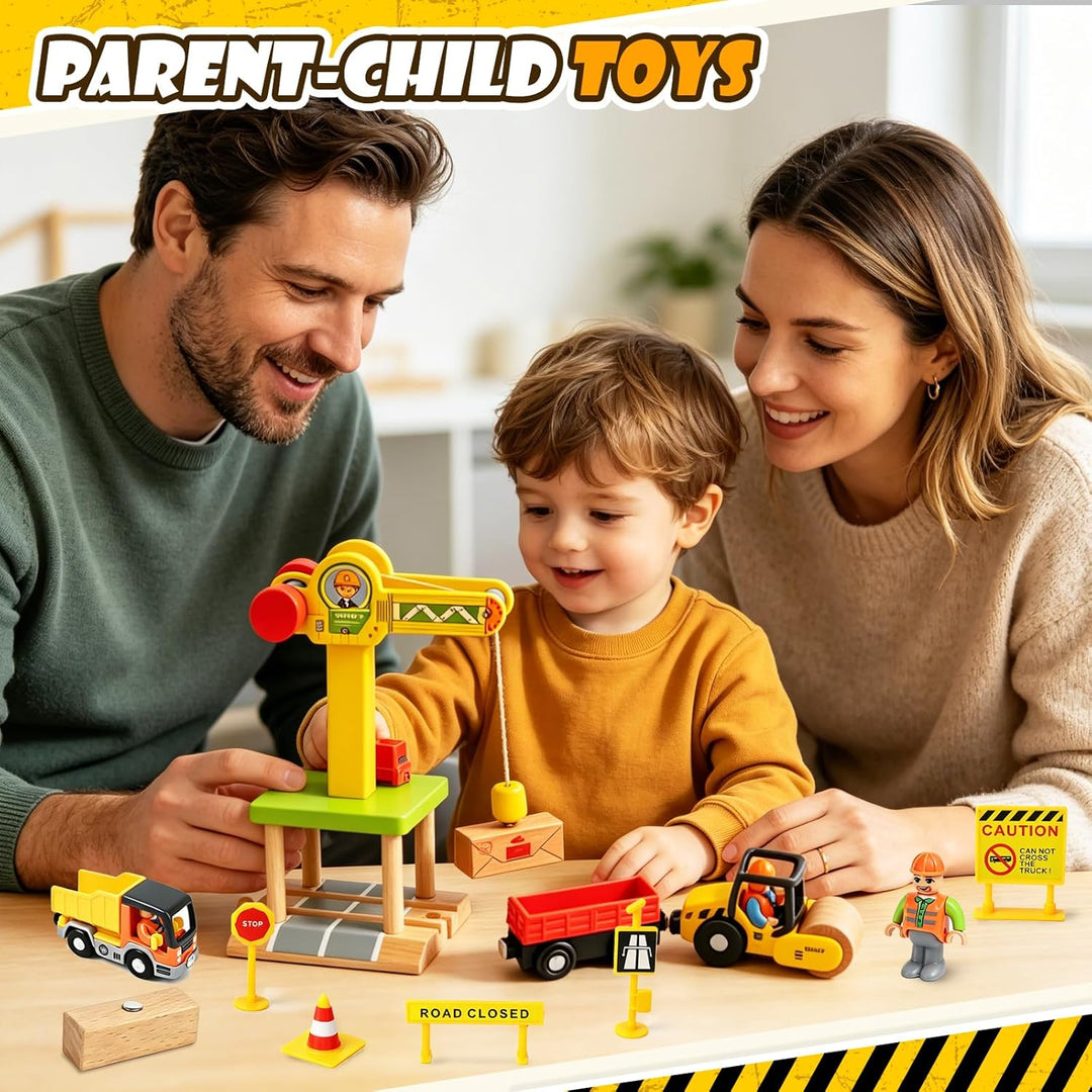 Baufahrzeuge Kinder Holzspielzeug, Magnetisch Baustelle Kran Spielzeug mit Turmkran Bagger Kranwagen