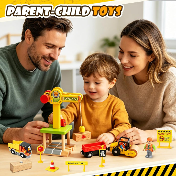 Baufahrzeuge Kinder Holzspielzeug, Magnetisch Baustelle Kran Spielzeug mit Turmkran Bagger Kranwagen