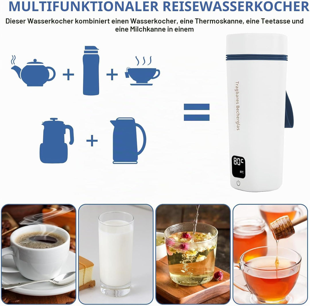 Reise Wasserkocher Klein Elektrische 450ML, Reise Elektrisch Wasserkocher 6Temperaturoptionen, Tragb