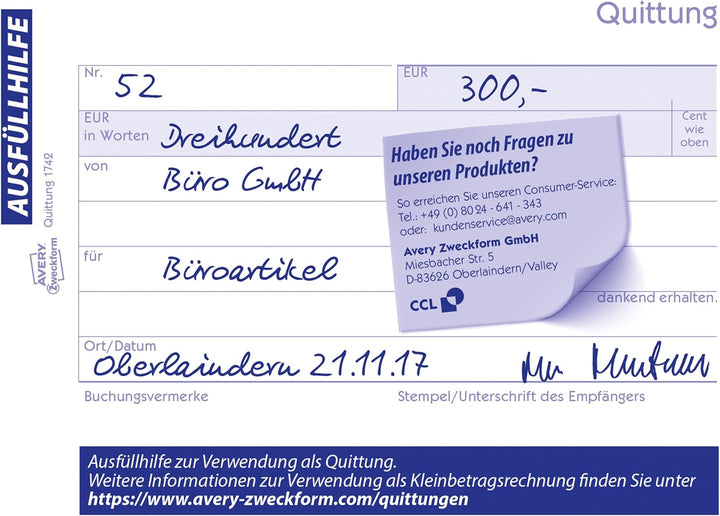 AVERY Zweckform 1742-10 Quittungsblock Kleinunternehmer (A6 quer, 2x40 Blatt, selbstdurchschreibend,