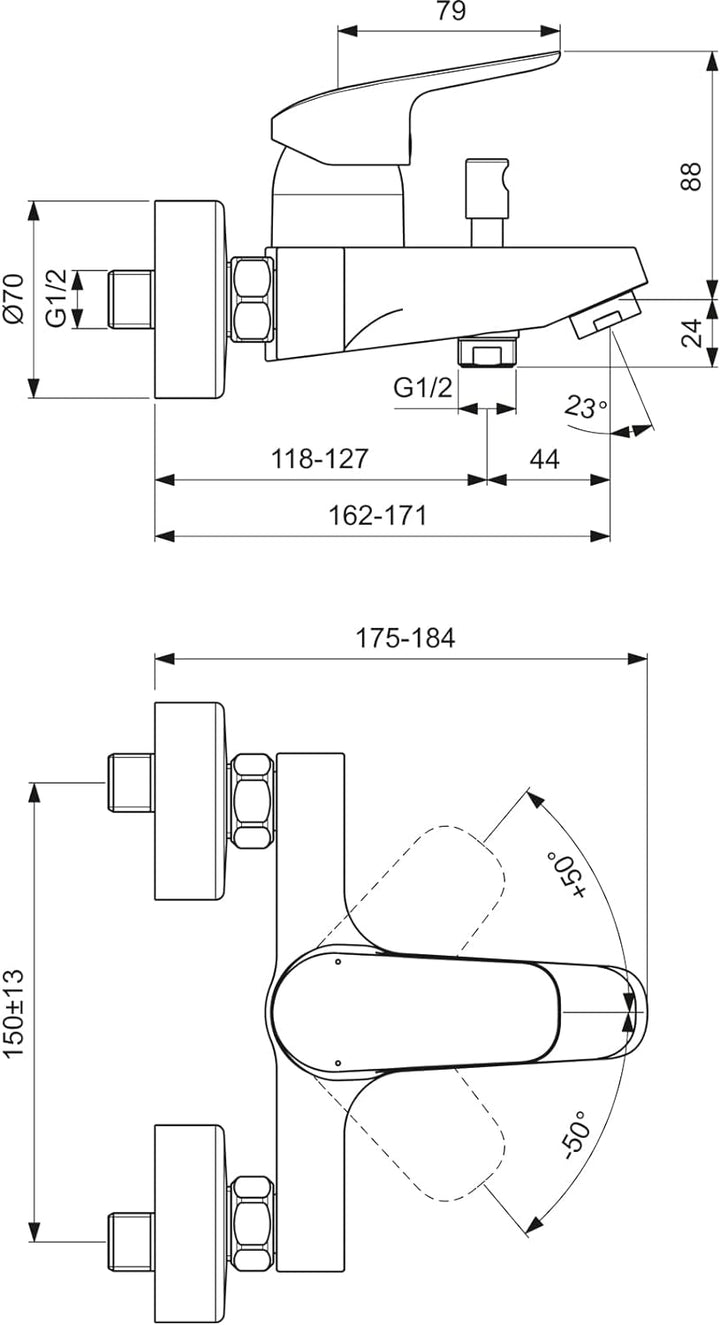 Ideal Standard B1721AA Ceraflex Armatur Einhebel-Badearmatur zur Aufputz Montage mit S-Anschlüssen u