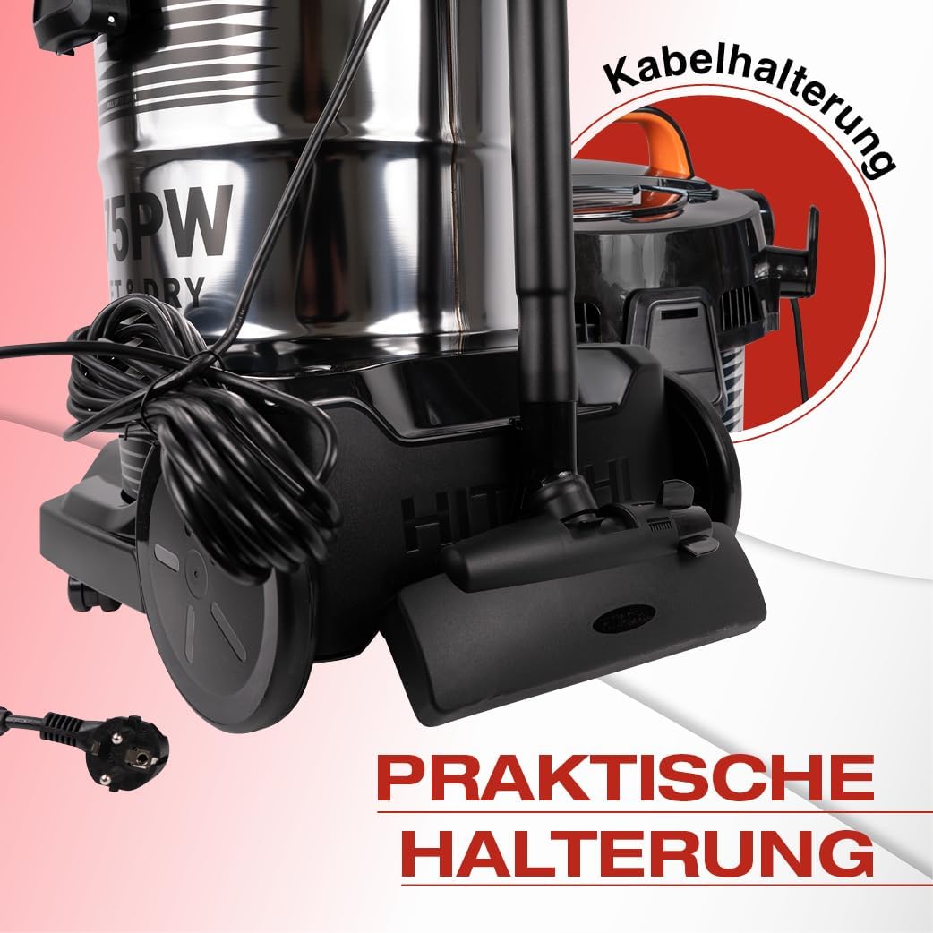 Hitachi CV-975PW Nass- und Trockensauger - 1600W Power, 30L Edelstahlbehälter - 25L Trocken- & 20L N