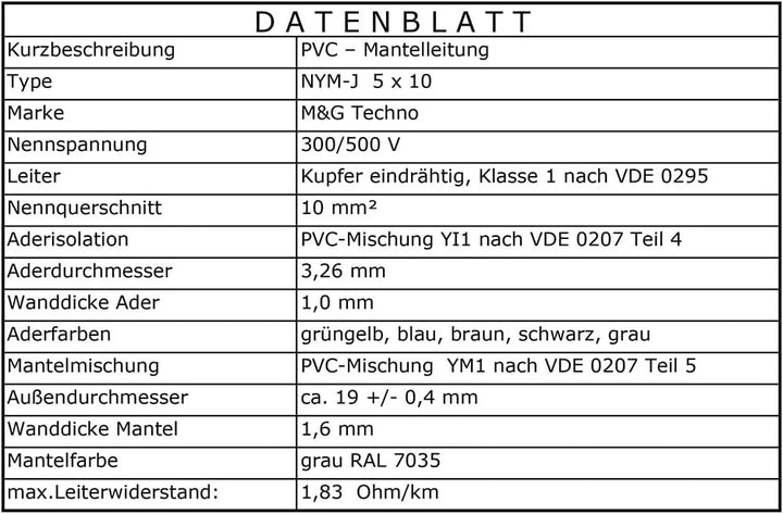 M&G Techno 15m NYM-J 5x10 mm² Mantelleitung Feuchtraumkabel Elektrokabel Kupfer Made in Germany NYM-