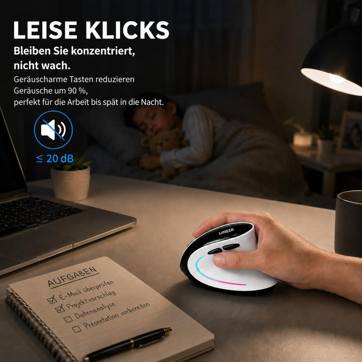 Uineer Ergonomische Maus Kabellos, Vertikale Bluetooth Maus Wiederaufladbar mit Leisem klick, 7 Farb
