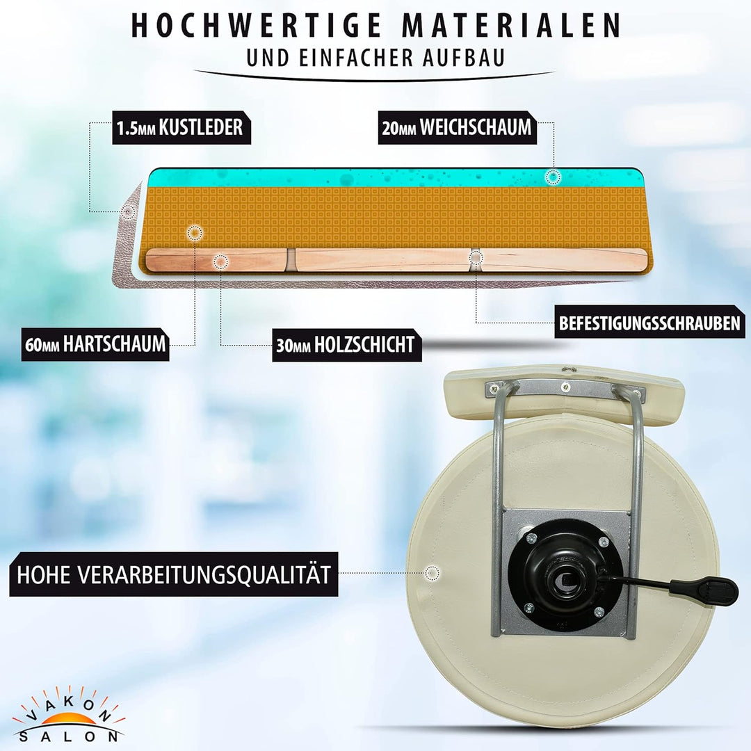 Premium Rollhocker in Weiss mit Lehne und Fussring - Höhenverstellbar 55-75 cm - Rundsitz Drehhocker