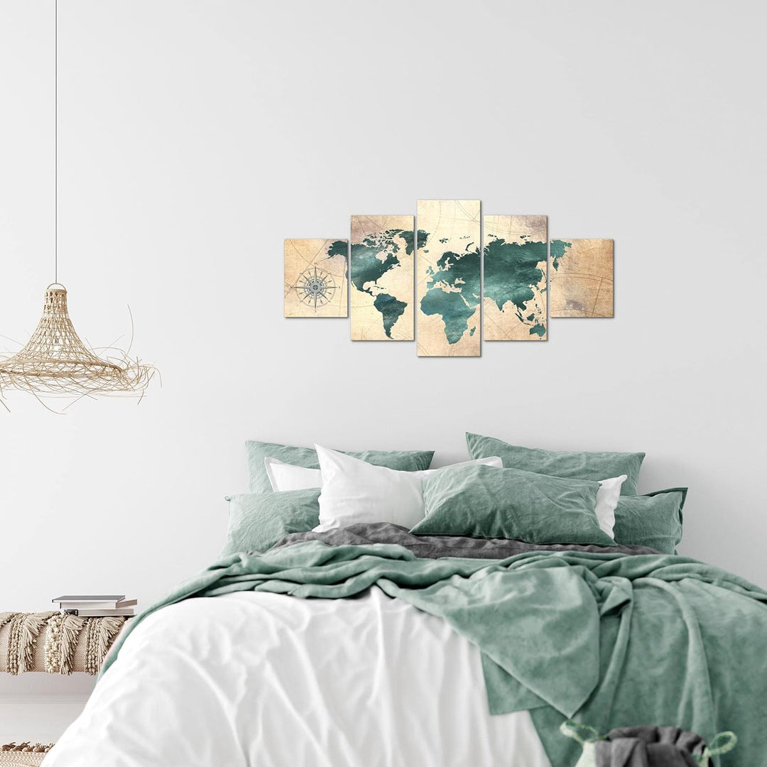 Runa Art Wandbilder Weltkarte 5 Teilig Bild auf Vlies Leinwand Deko Büro Wohnzimmer Steinoptik Beige