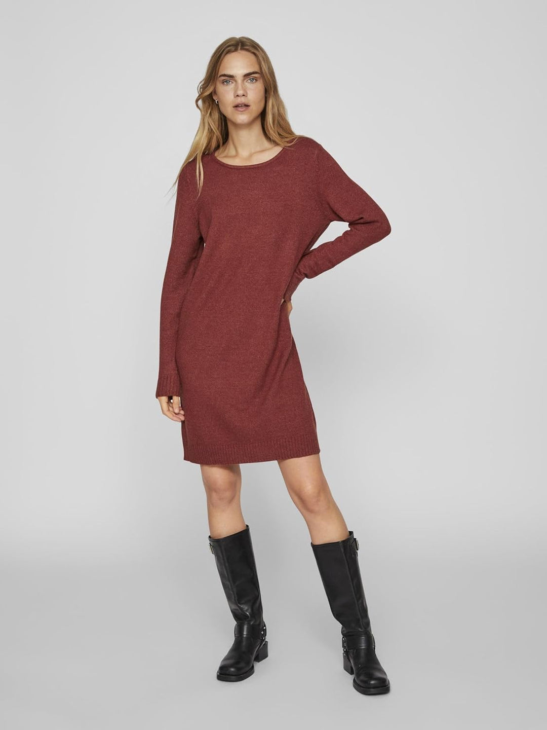 Vila Damen Viril L/S Knit Dress-Noos Kleid XS Fired Brick/Detail:dark Melange, XS Fired Brick/Detail