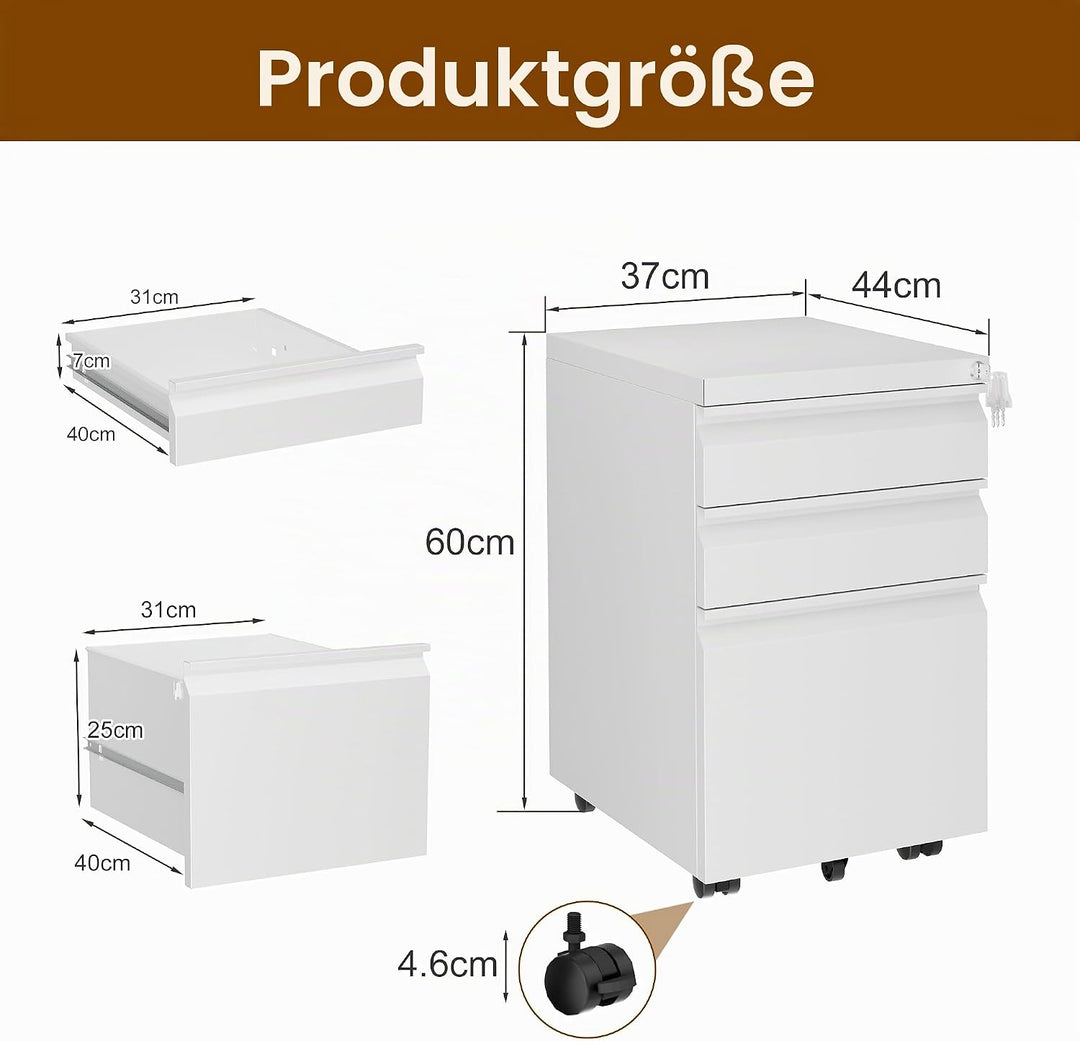 Rollcontainer, Aktenschrank Abschliessbar mit 4 Schlüsseln, Aktenschrank unter Schreibtisch, mit 3 S