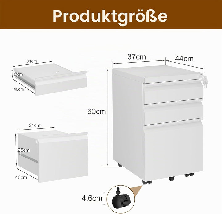 Rollcontainer, Aktenschrank Abschliessbar mit 4 Schlüsseln, Aktenschrank unter Schreibtisch, mit 3 S