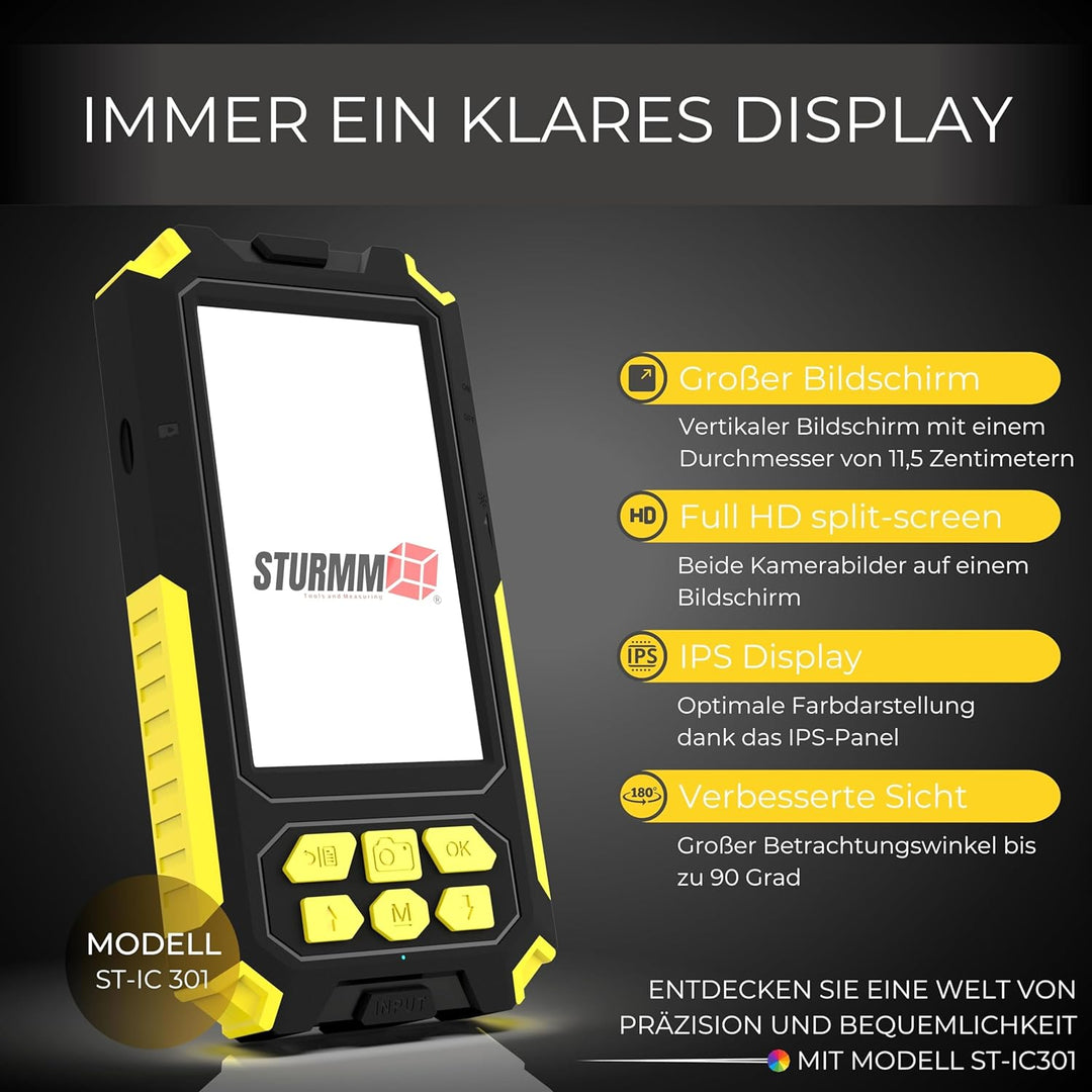 Industrielles Endoskop mit Doppelkamera, 10 Meter Kabel und 4,5-Zoll-IPS-Display.