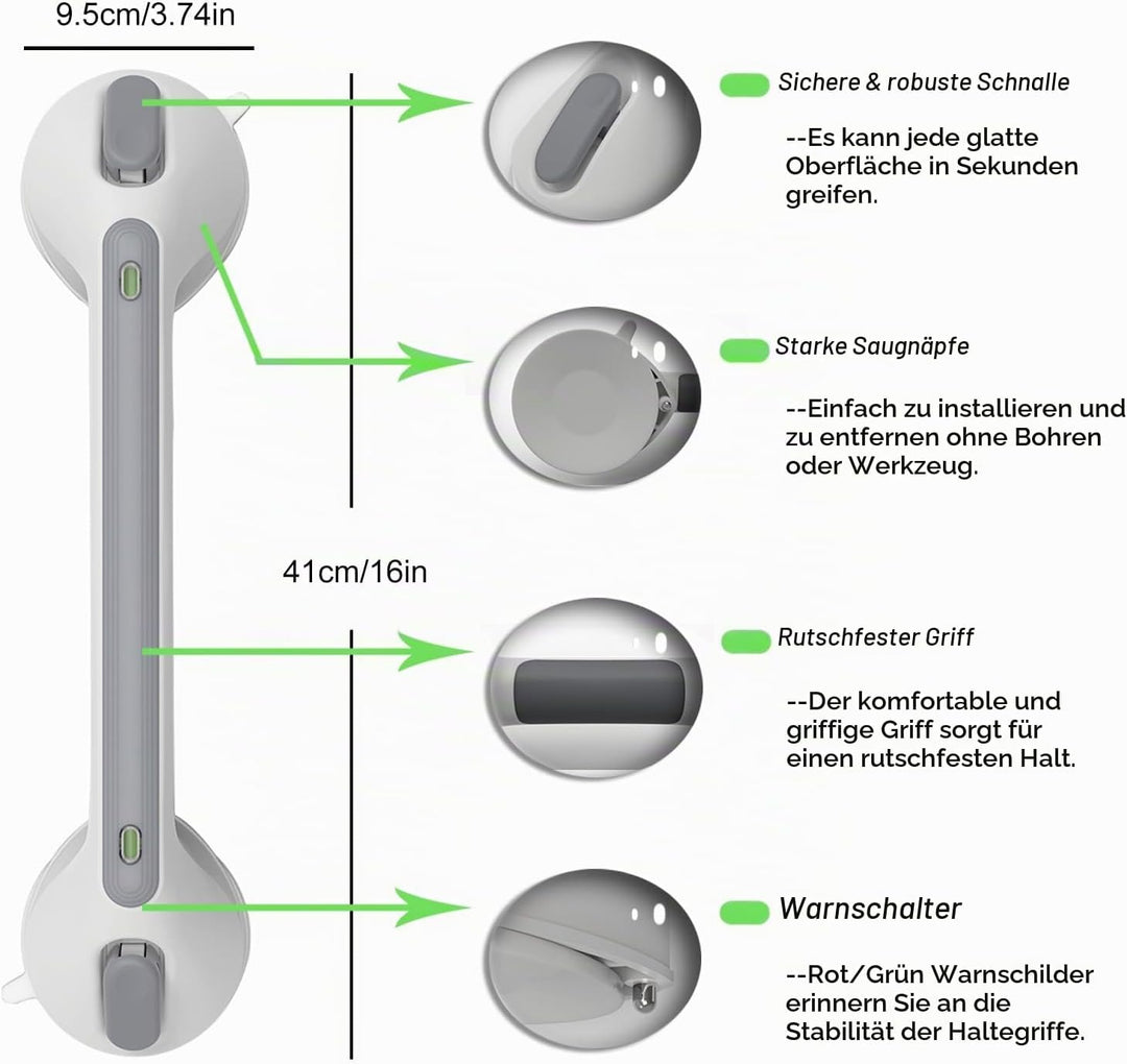 2 Stück 16in Haltegriff Dusche Haltegriffe für Senioren | Haltegriff mit Saugnapf für Senioren, Mobi