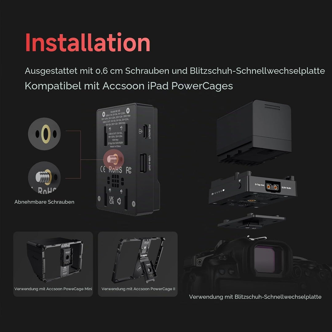Accsoon TOPRIG BP-A Akkuplatte für EOS BP-A Typ Akkus, 30 W PD-Ausgang, 60 W Max für EOS Cinema Kame