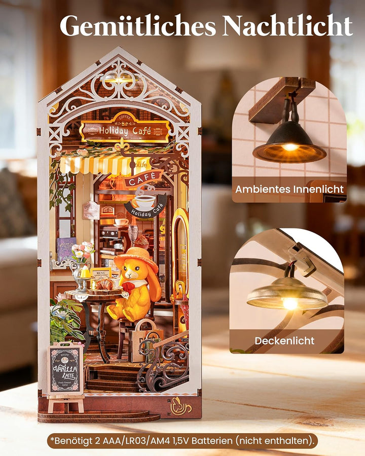 Rolife Book Nook Kit für Erwachsene Miniatur Haus Selber Bauen mit Licht Holiday Café Booknook Bausa