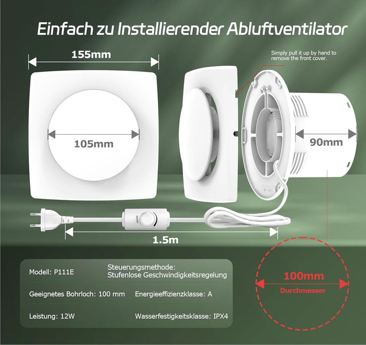 Badlüfter Fan mit Stufenlosem Schalter, Leiser WC Lüfter 28dB, Starker Lüftung IPX4 Bad Lüfter, Ablu