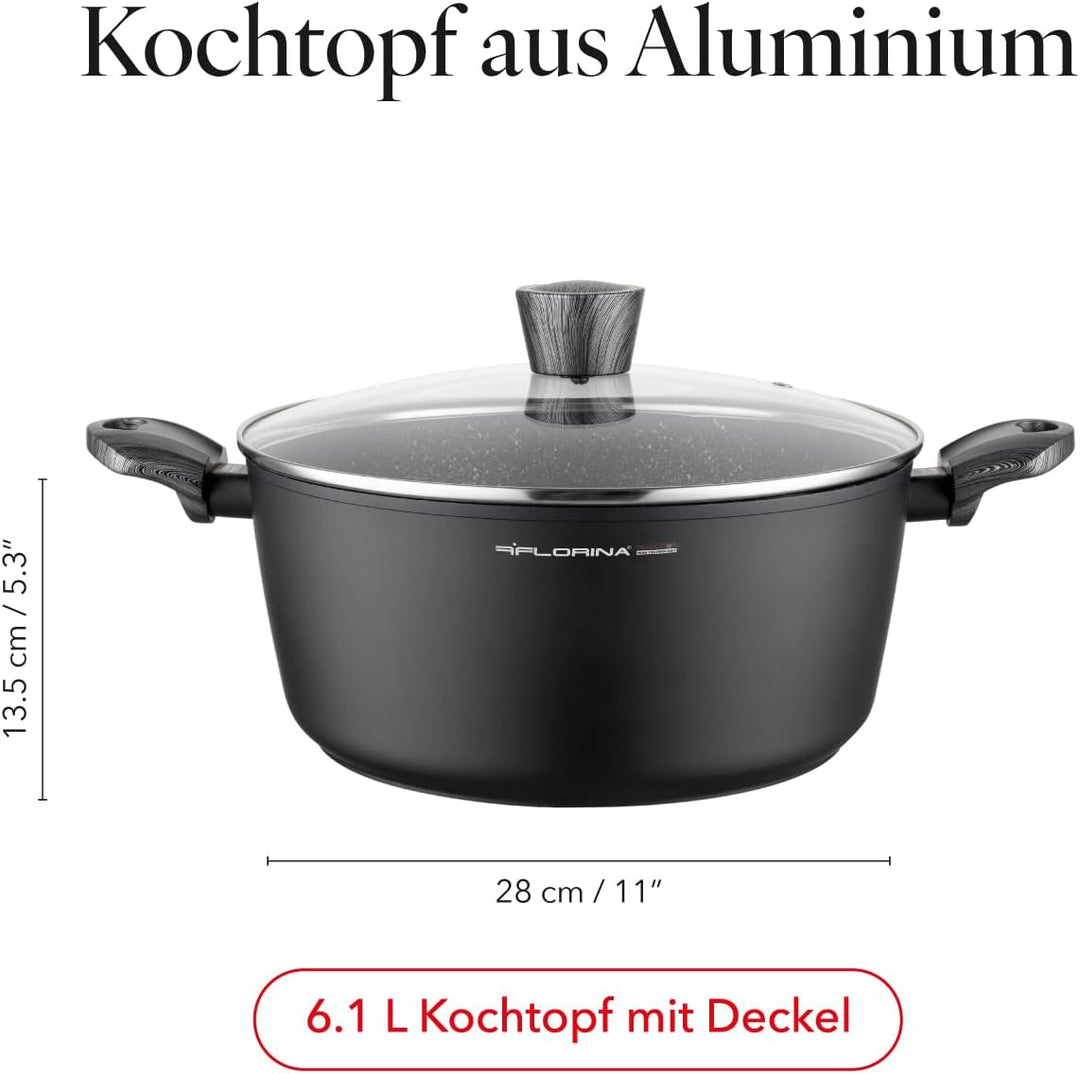 FLORINA Topf aus Aluminium (6,1 l) 28 cm Durchmesser Kochtopf mit Glasdeckel - Antihaftbeschichtet T