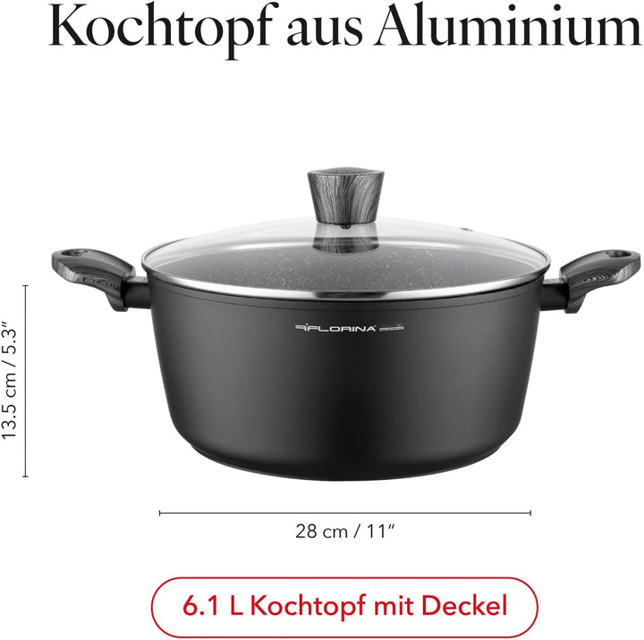 FLORINA Topf aus Aluminium (6,1 l) 28 cm Durchmesser Kochtopf mit Glasdeckel - Antihaftbeschichtet T