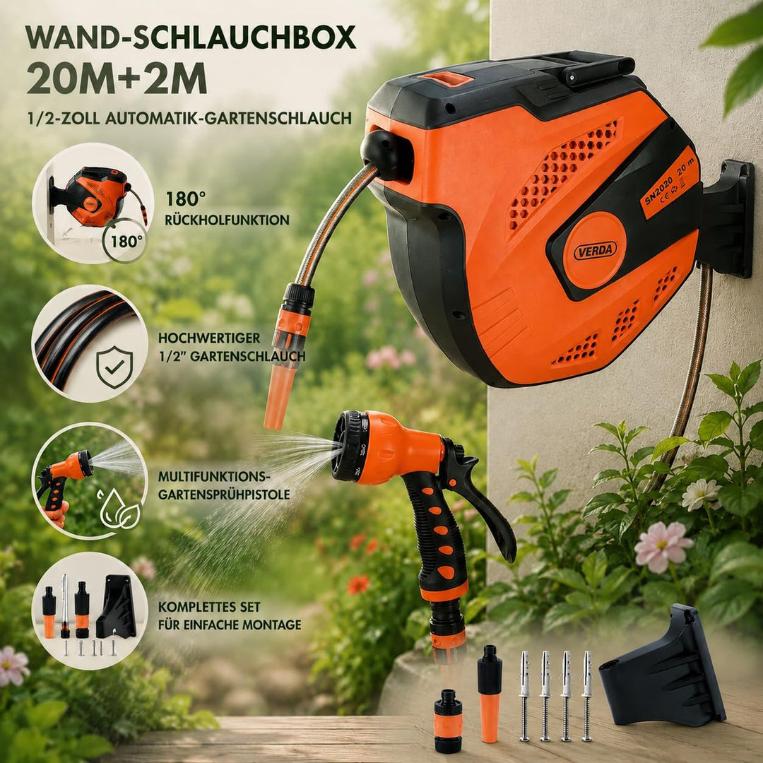 Schlauchtrommel & Wand-Schlauchbox 20M+2M – Hochwertiger 1/2-Zoll Automatik-Gartenschlauch mit 180°