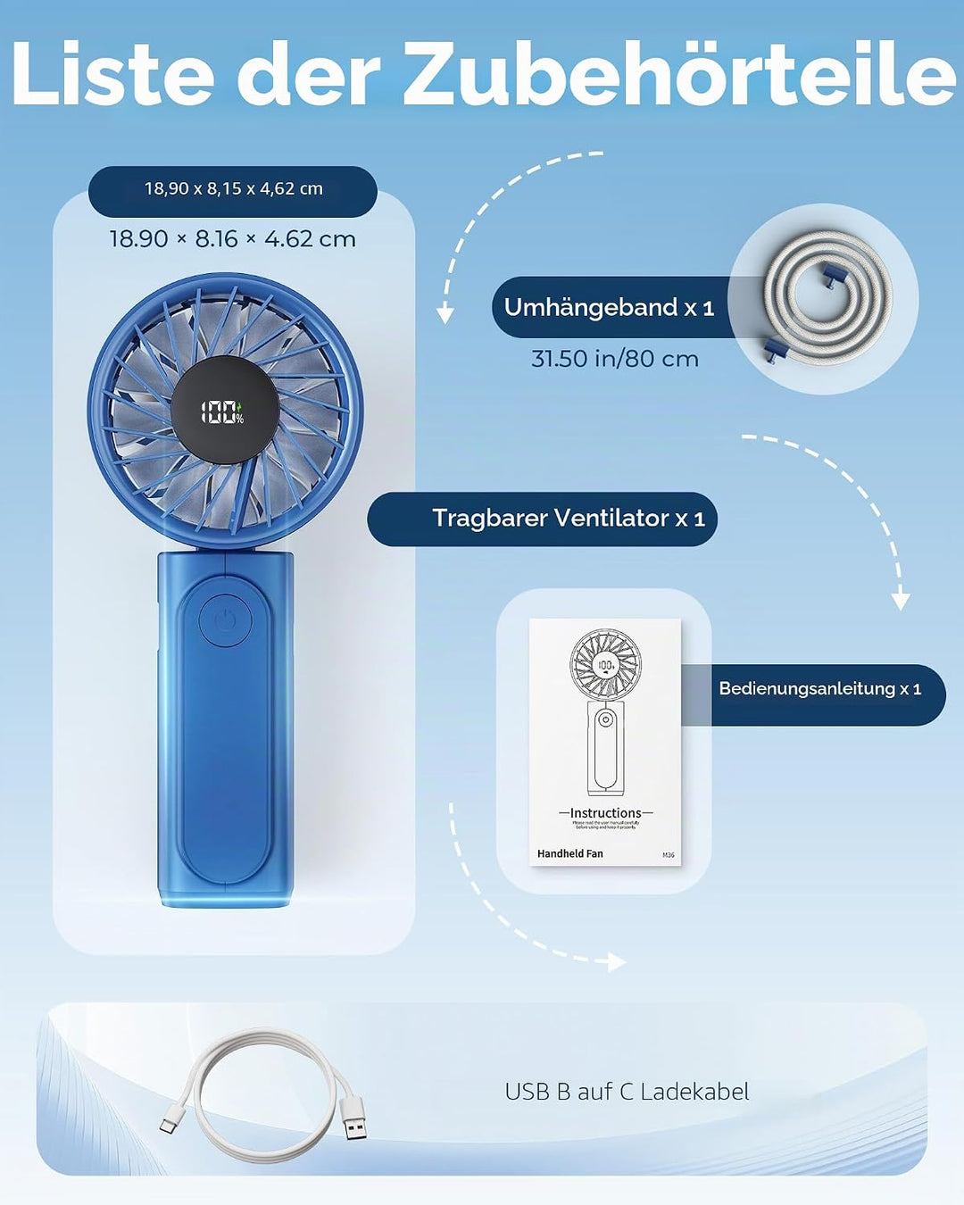 Peiyuu Handventilator, Tragbarer Mini Ventilator mit 4000 mAh, LED-Display Handventilator mit 6 Gesc