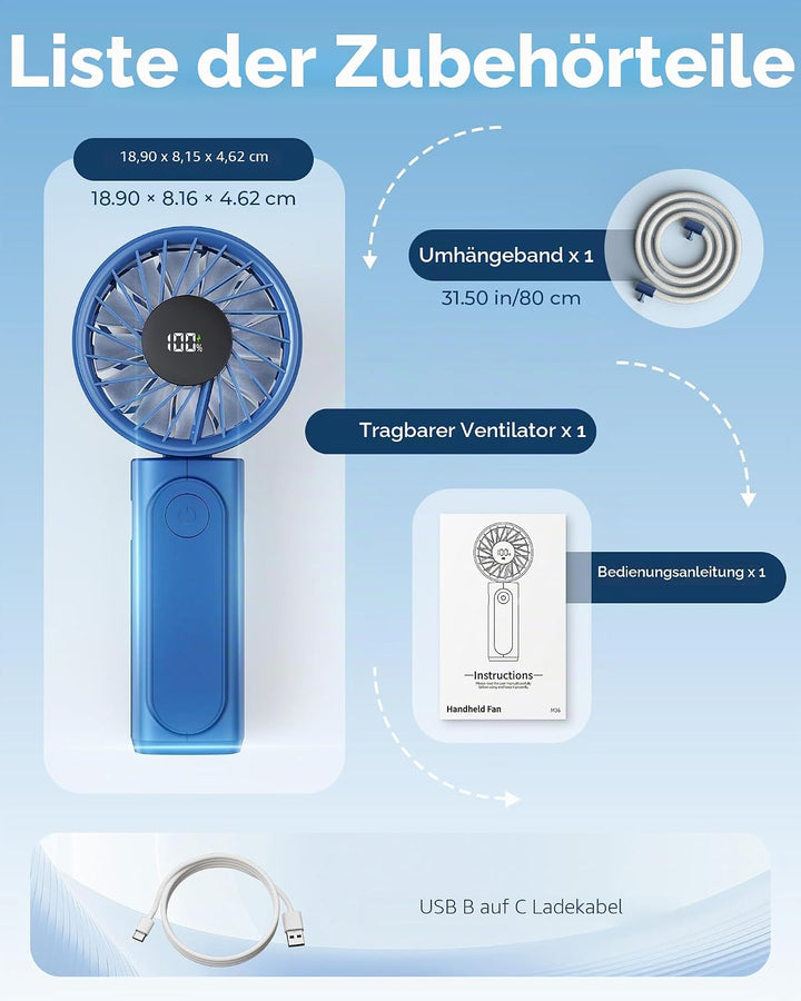 Peiyuu Handventilator, Tragbarer Mini Ventilator mit 4000 mAh, LED-Display Handventilator mit 6 Gesc