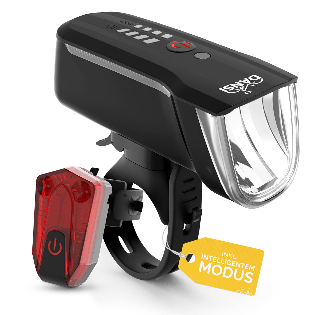 DANSI Fahrradleuchten-Set StVZO I LED-Fahrradlicht I Rad-Licht hell vorne 60/30/15 Lux, Akku-Leuchte