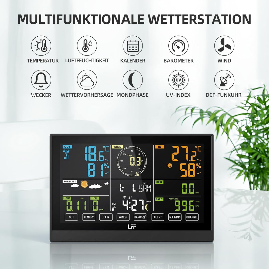 LFF Wetterstation Funk mit Aussensensor, Funkwetterstation mit DCF-Funkuhr, Regenmesser, windmesser,