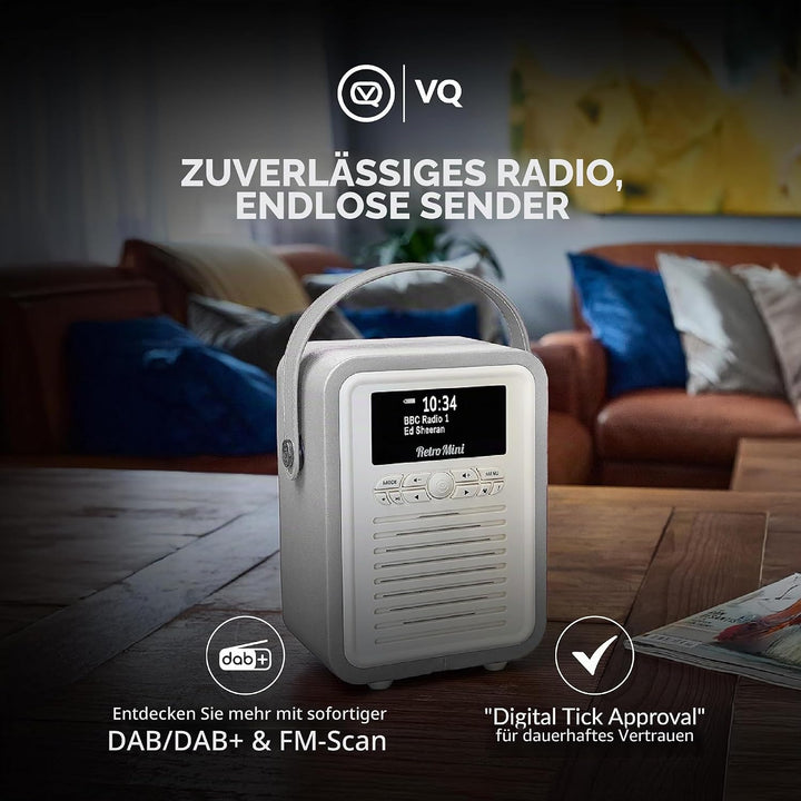 VQ Retro Mini DAB/DAB+ Digital- und FM-Radio mit Bluetooth und Weckfunktion - Hellgrau