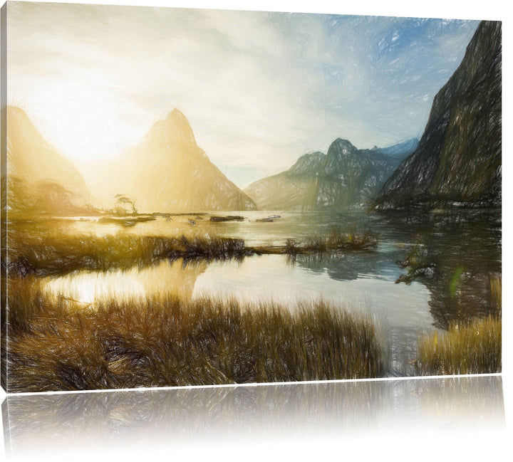 Pixxprint Milford Sound Neuseeland als Leinwandbild/Grösse: 100x70 cm/Wandbild/Kunstdruck/fertig bes