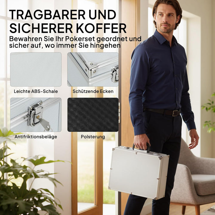 SPORTNOW Pokerkoffer abschliessbar Pokerset mit Koffer 300 Chips Karten 5 Würfel Dealer Button Karte