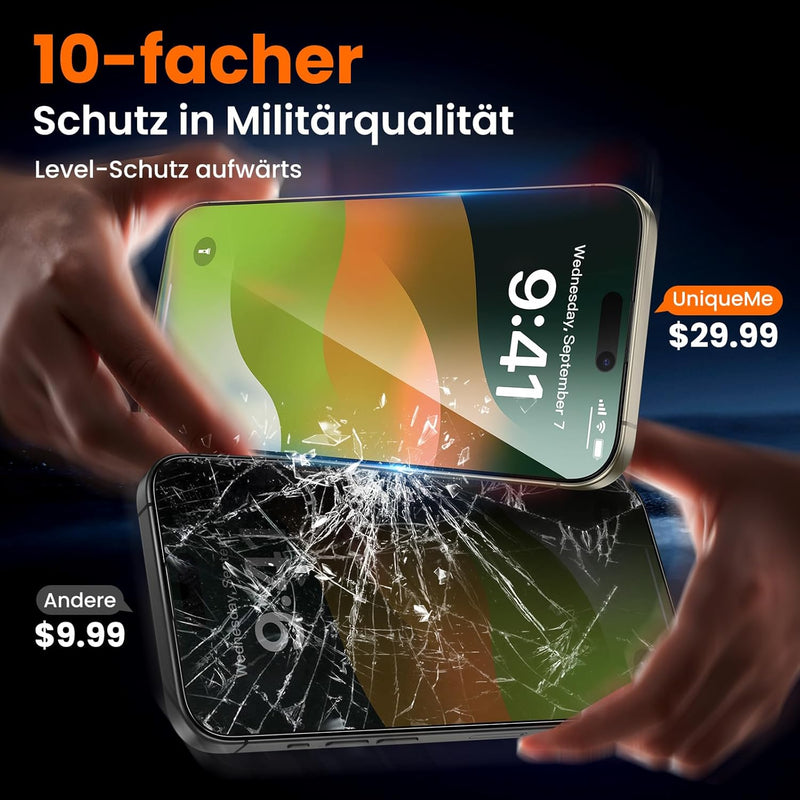 UniqueMe für iPhone 16 Pro für Panzerglas Sichtschutz - Automatische Staubentfernung,Bruchsicher Mil