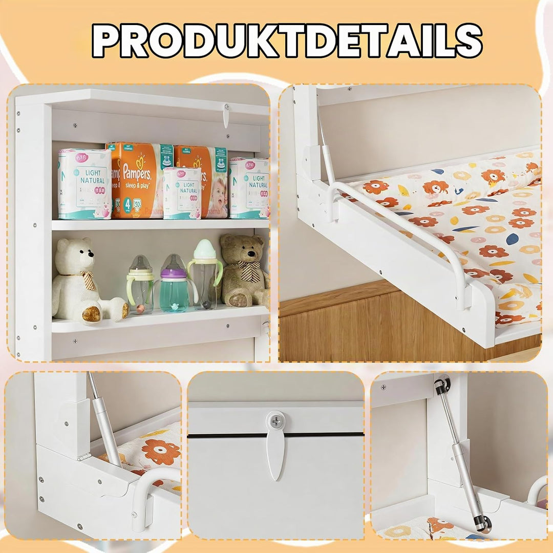MSFE Wickelkommode Wickeltisch Klappbar, Baby Changing Table Wandwickeltisch mit 3 Regalfächern, Wic