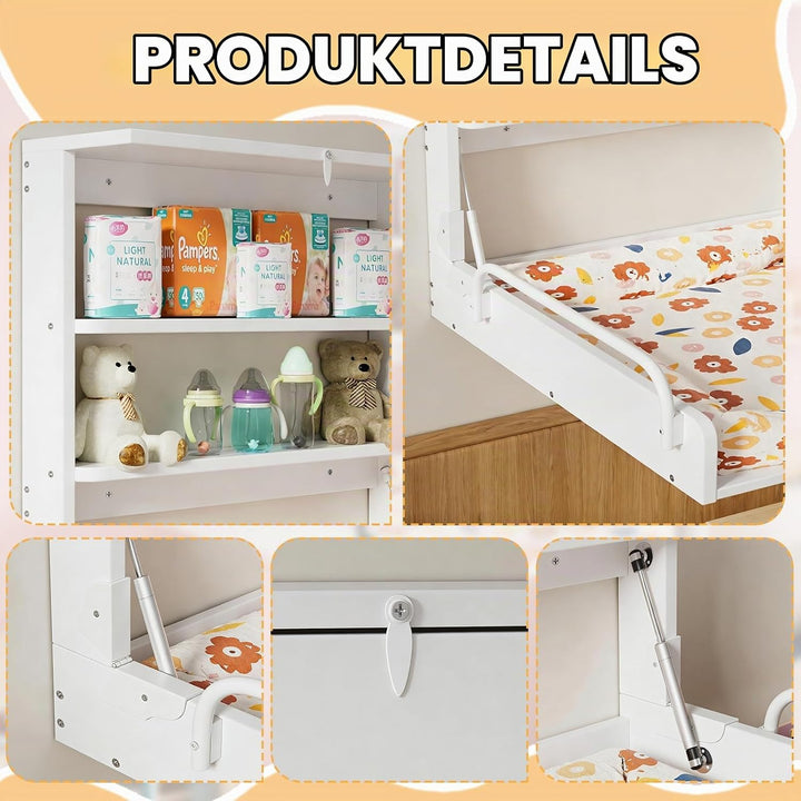 MSFE Wickelkommode Wickeltisch Klappbar, Baby Changing Table Wandwickeltisch mit 3 Regalfächern, Wic