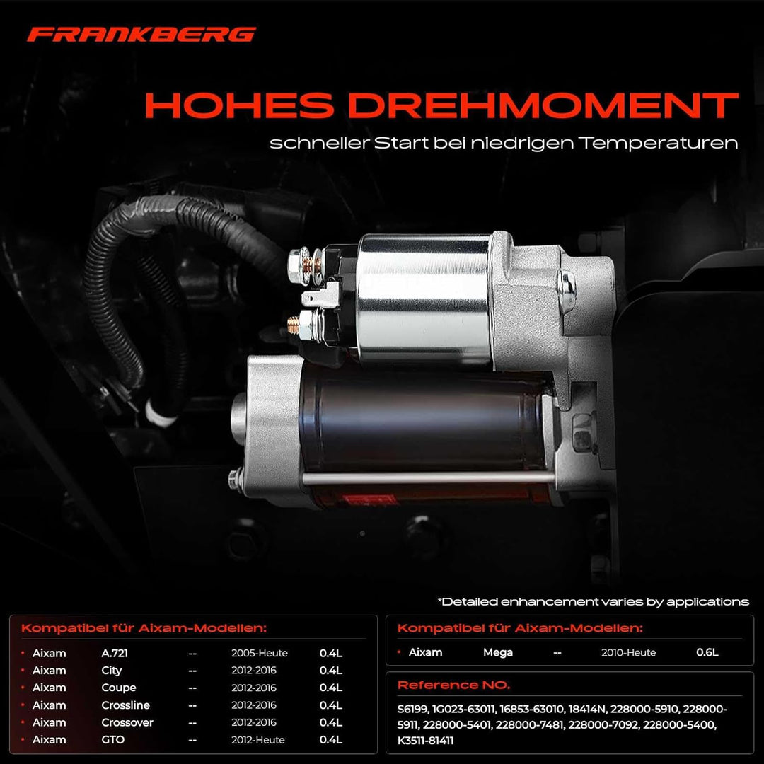Frankberg Anlasser Starter 1,0 KW Kompatibel mit A.721 2005-Heute City 2012-2016 Coupe 2012-2016 Cro