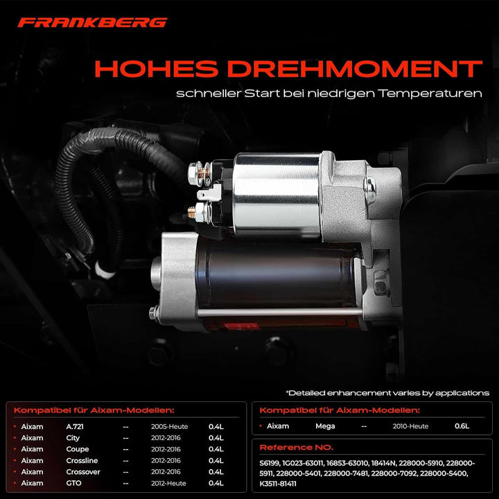 Frankberg Anlasser Starter 1,0 KW Kompatibel mit A.721 2005-Heute City 2012-2016 Coupe 2012-2016 Cro