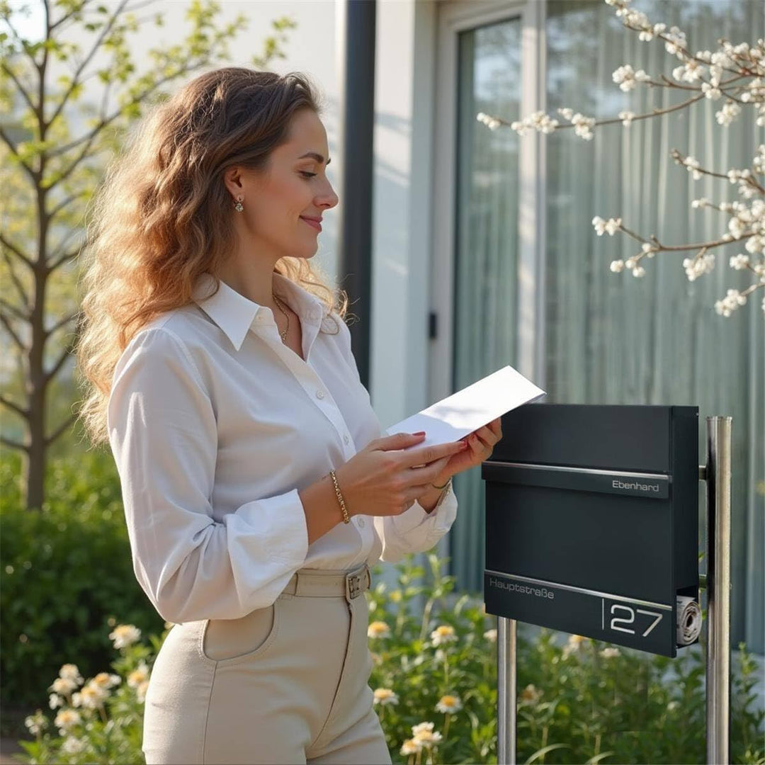 Metzler Briefkasten Anthrazit RAL7016 mit Zeitungsfach - Personalisiert Laser Gravur - Postkasten mi