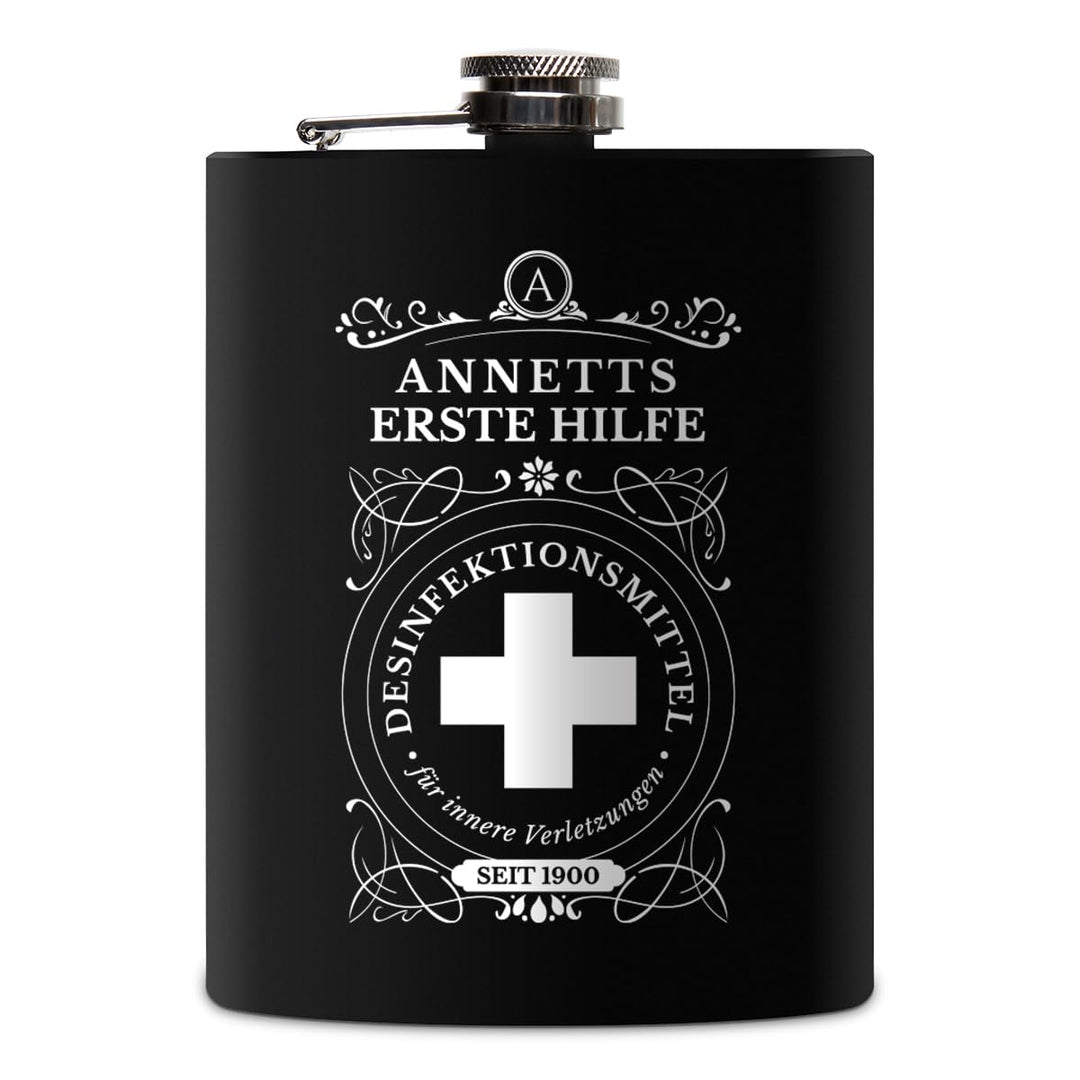 Flachmann Edelstahl Schwarz Matt 237 ml 8 oz individuelle Gravur in Silber - Erste Hilfe, Erste Hilf